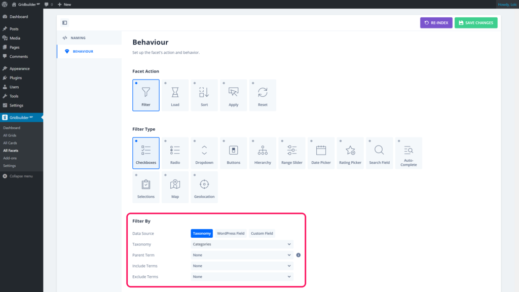 Set up facet data source