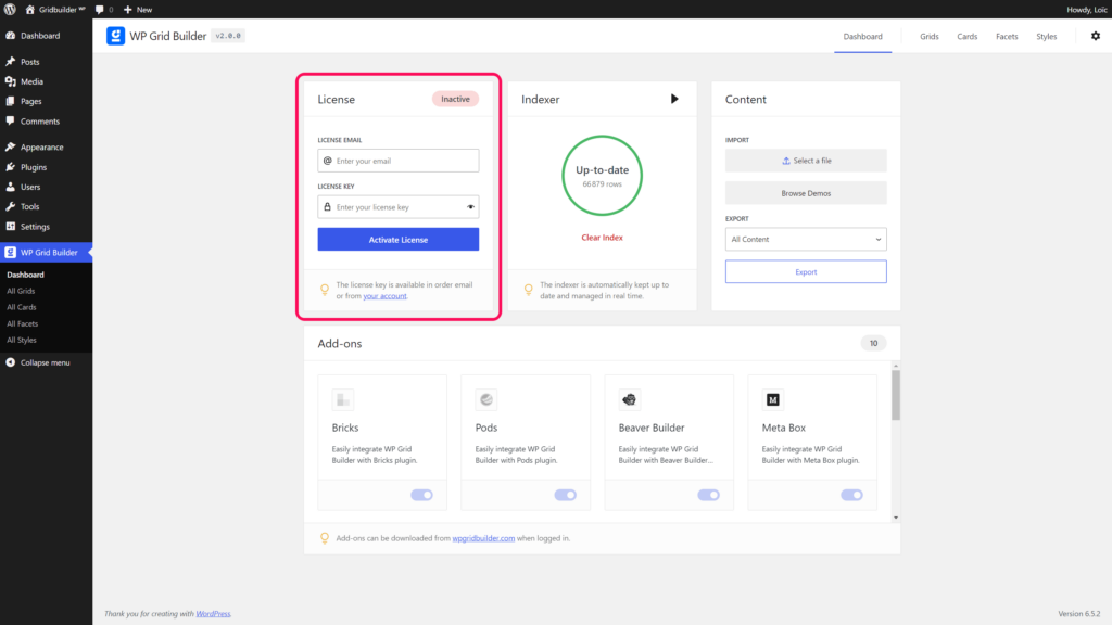 Activate plugin license